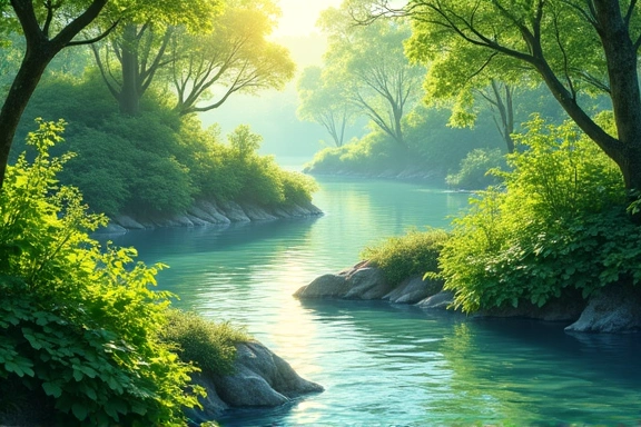 A serene landscape with lush green plants and clear water, symbolizing natural purity.