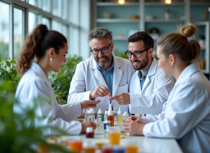 A team of Biottqellis scientists and formulators collaborating in a modern lab.