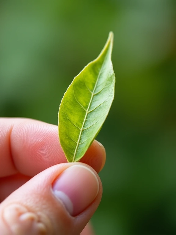 Close-up of a hand inspecting a high-quality natural ingredient, emphasizing meticulous sourcing.