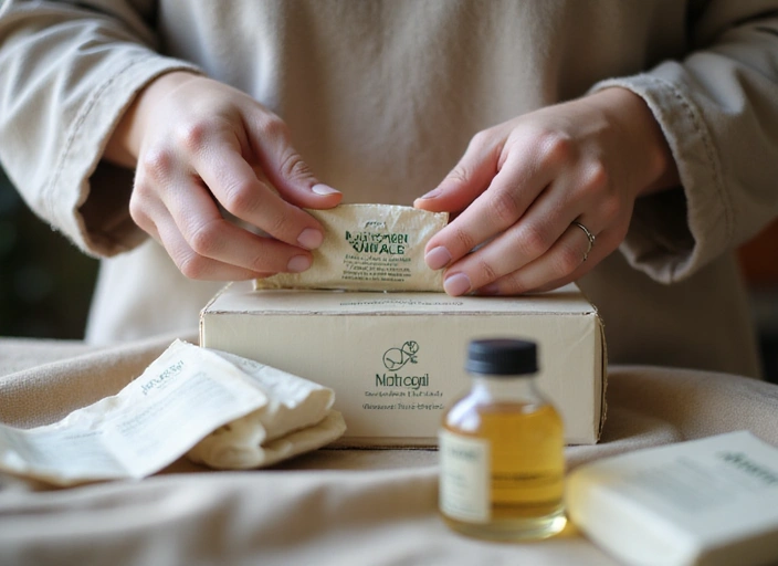 Close-up of hands carefully packaging Biottqellis products, symbolizing care and attention to detail.