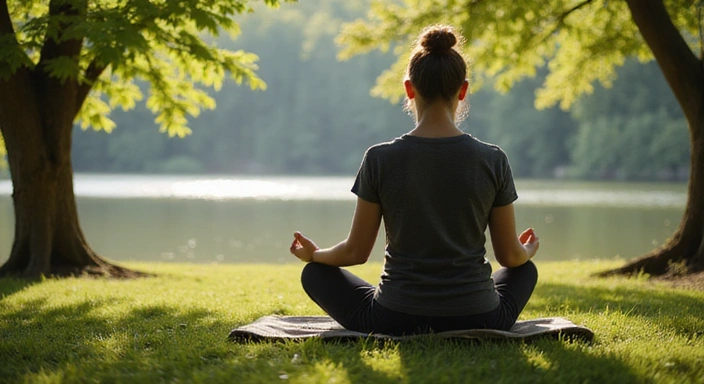 A person meditating in a peaceful, natural outdoor setting, illustrating mental well-being and stress reduction.