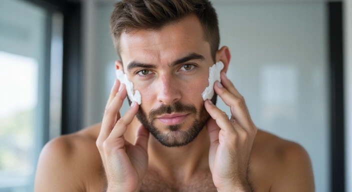 A close-up of a man applying a skincare product to his face, with a focus on healthy, clear skin.