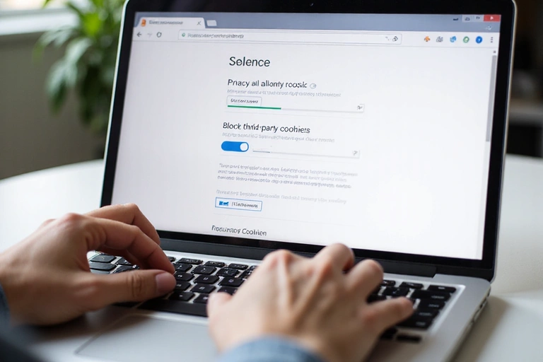 A person's hands interacting with a laptop, showing a browser settings page where cookie preferences are being adjusted. Privacy settings are highlighted.