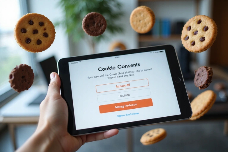 A hand holding a digital tablet displaying cookie consent options, with various cookie icons floating around.