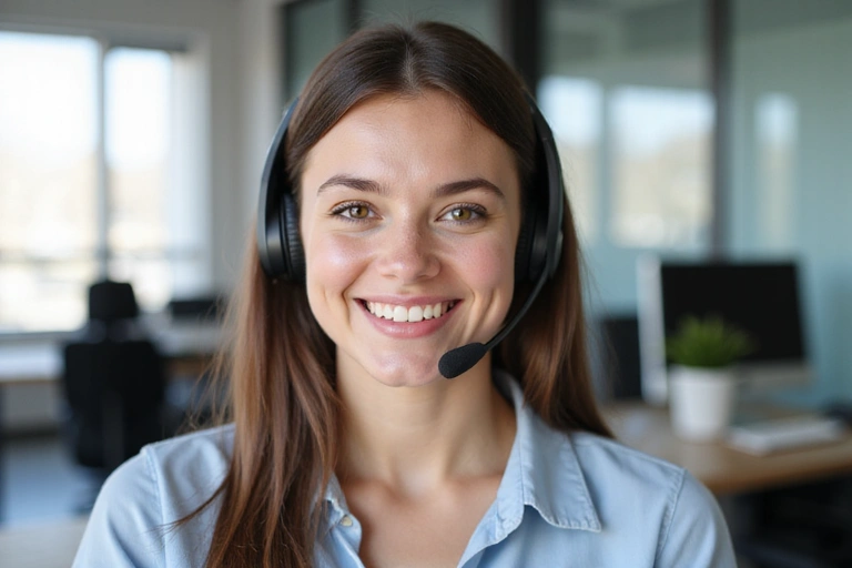Friendly customer service representative wearing a headset, smiling and ready to help