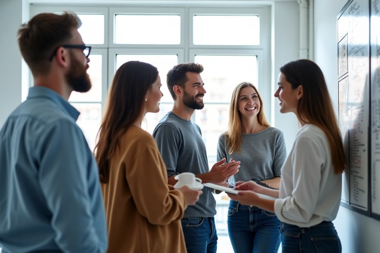 Group of diverse people discussing and collaborating in a modern office