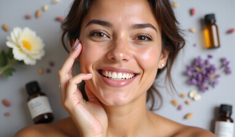 Radiant woman with clear skin, surrounded by natural skincare ingredients like essential oils, herbs, and flowers.