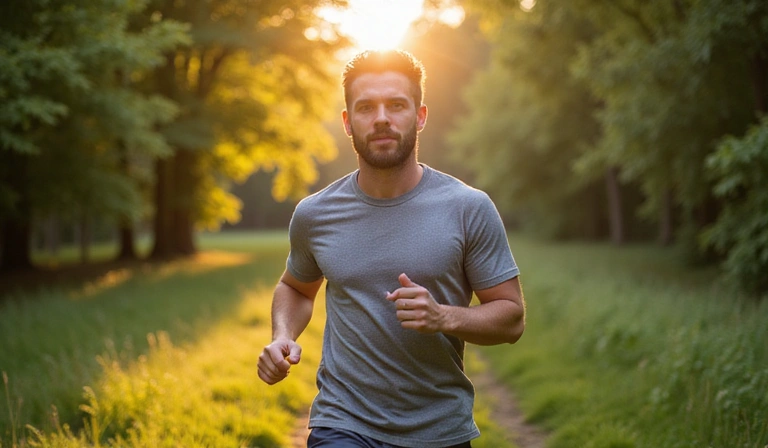 Strong, healthy man running in a natural, serene environment, symbolizing men's health and vitality.