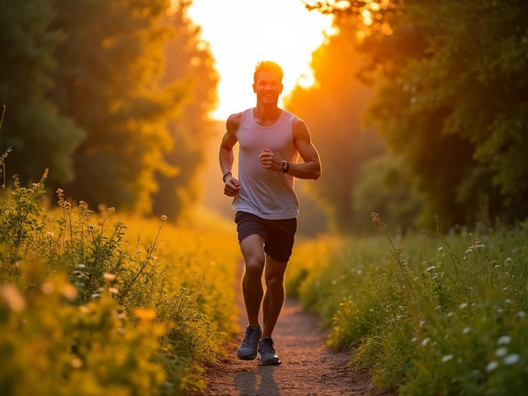 Man running in a natural setting, symbolizing energy and endurance.