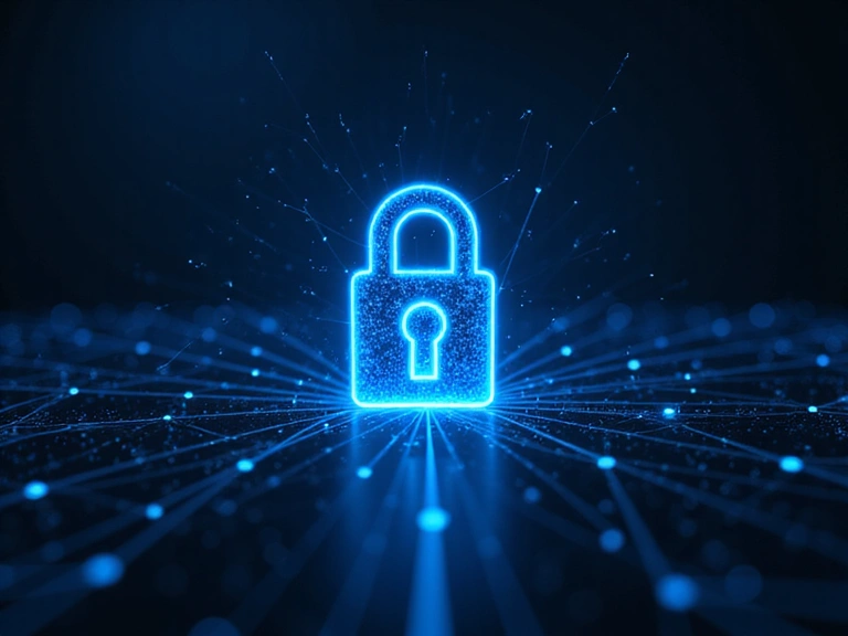 A padlock icon superimposed on a network of connected dots, representing secure data transmission.