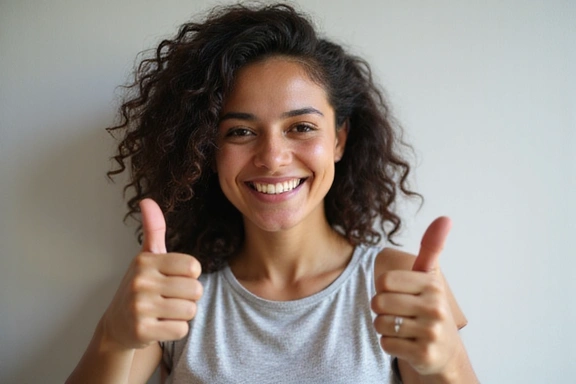 A person smiling and giving a thumbs up, symbolizing gratitude and satisfaction.