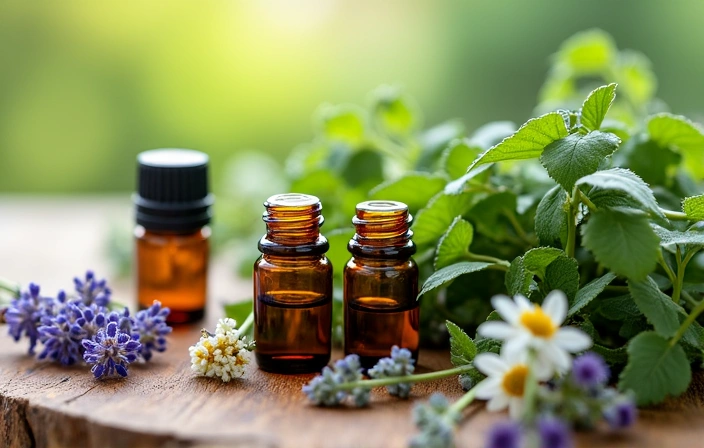 A close-up of natural ingredients like herbs, flowers, and essential oils, symbolizing the organic and carefully selected components in skincare products.